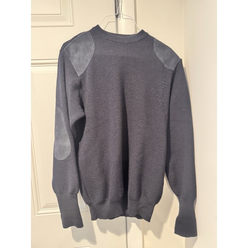 Barbour Men's Navy Wool Sweater Suede Arm Patches Sporting Sweater S Pullover